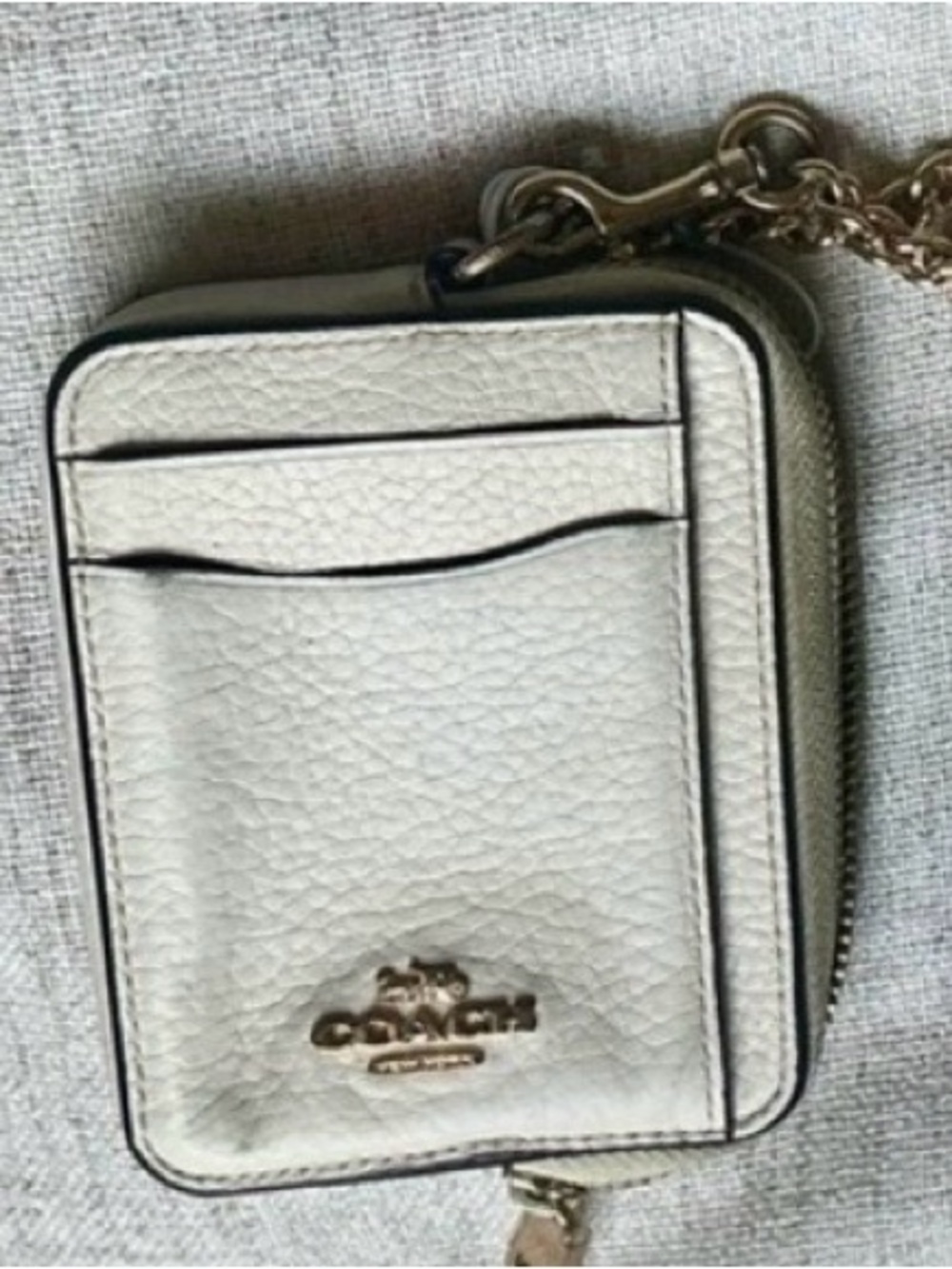 Coach White Pebbled Leather Card Case Wallet with Chain